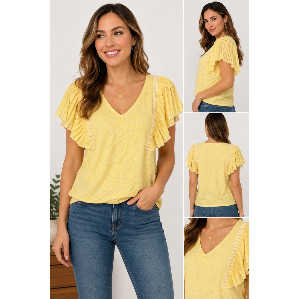 Belldini Pleated Flutter Sleeve Top Womens Medium Yellow Jacquard Lace V-Neck